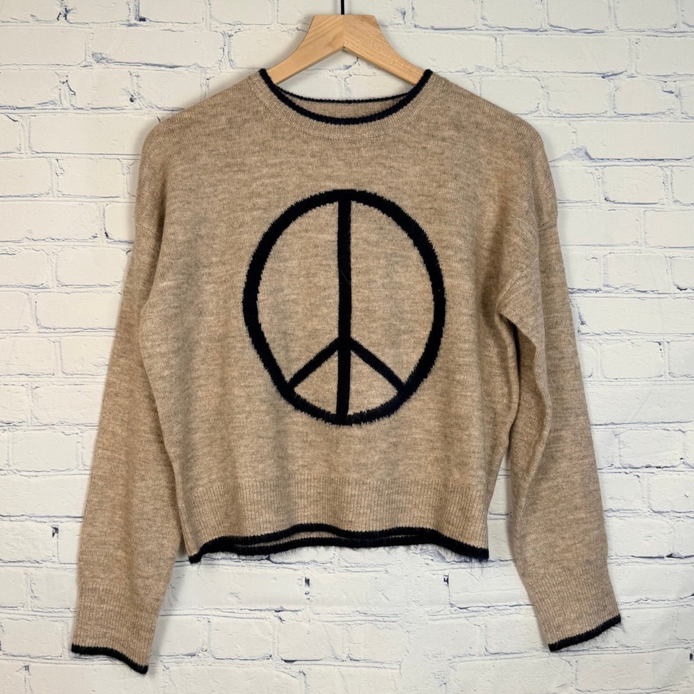 NATURAL LIFE Beige Crewneck Sweater with Black Peace Sign
